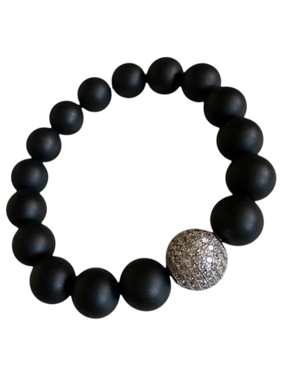CLASSIC 10mm Matte Onyx Stretch Bracelet Black Silver Pave Spacer 6–7”